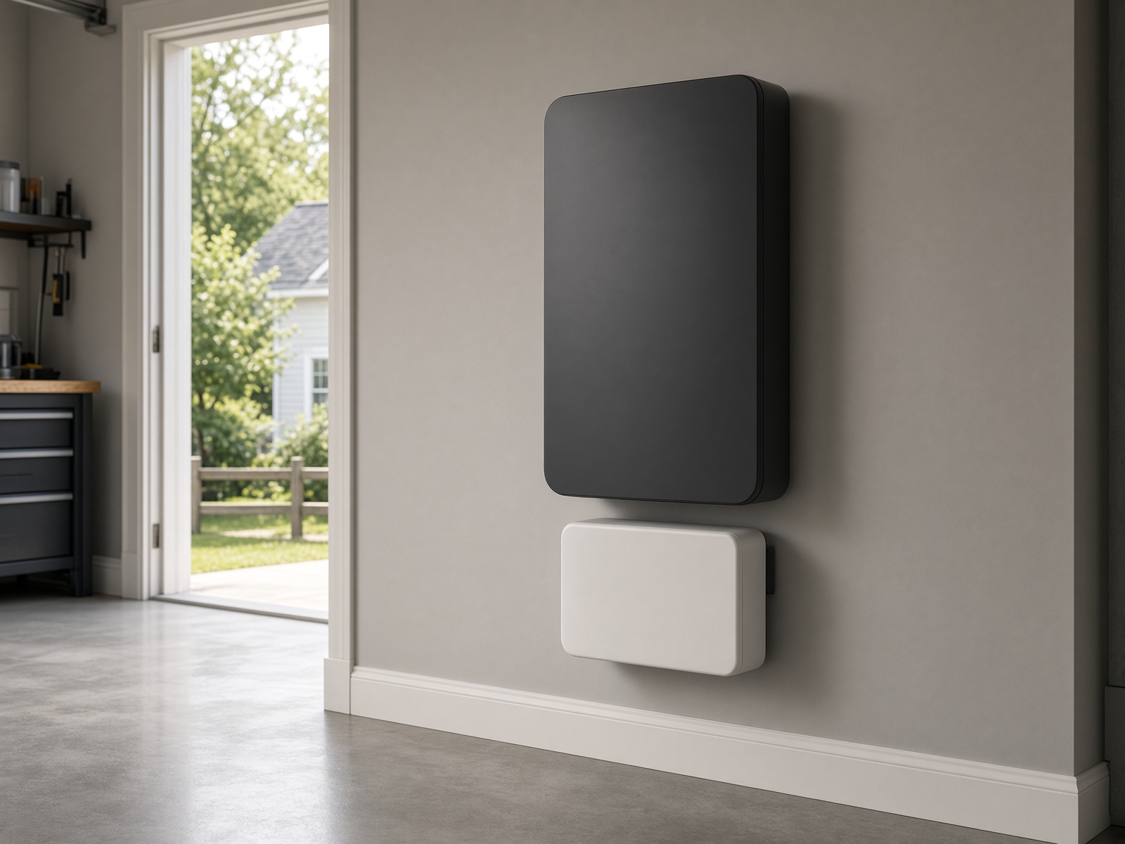 Wall-mounted home battery in a residential garage