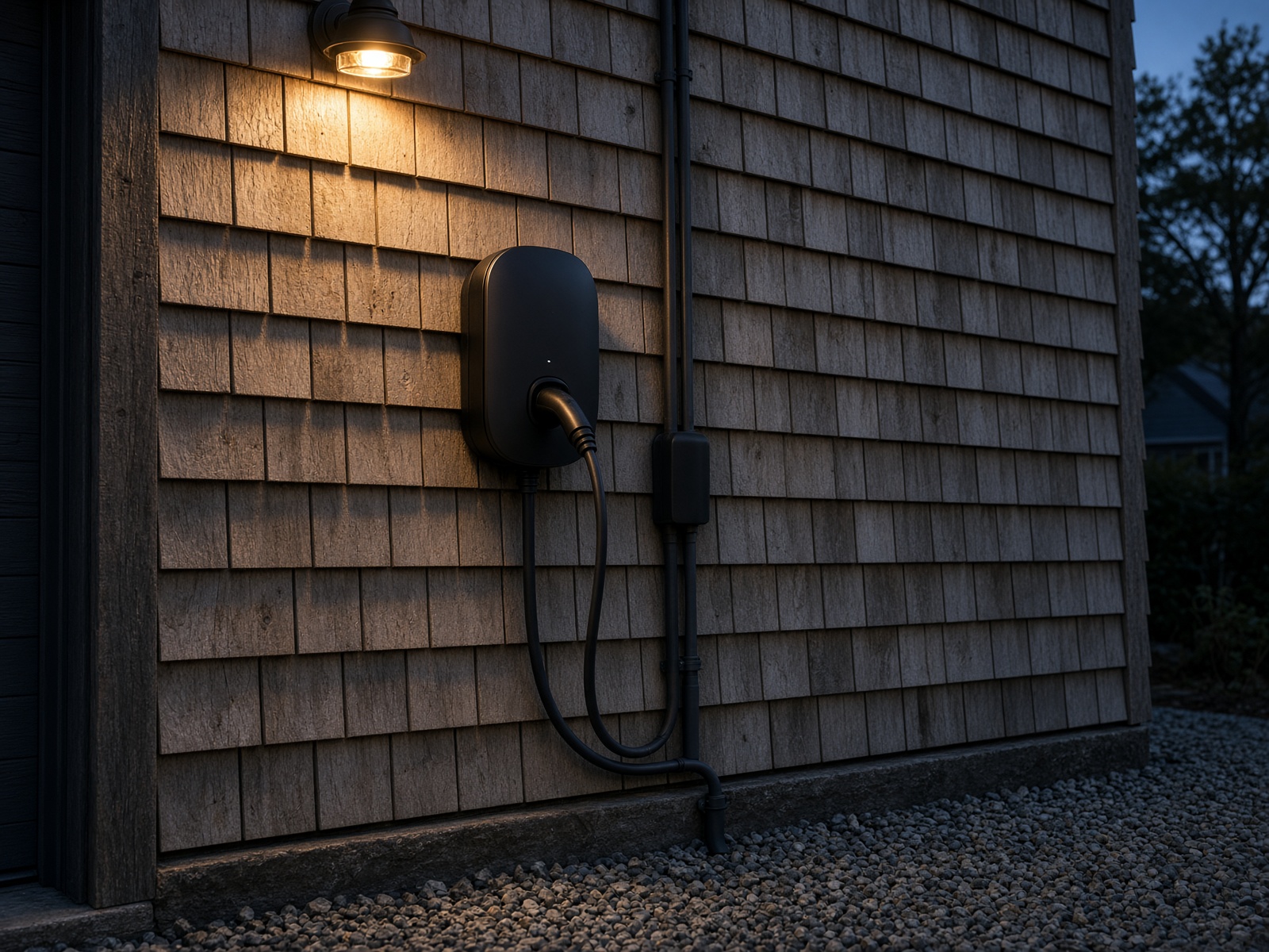 Wall-mounted EV charger on a cedar-shingle garage