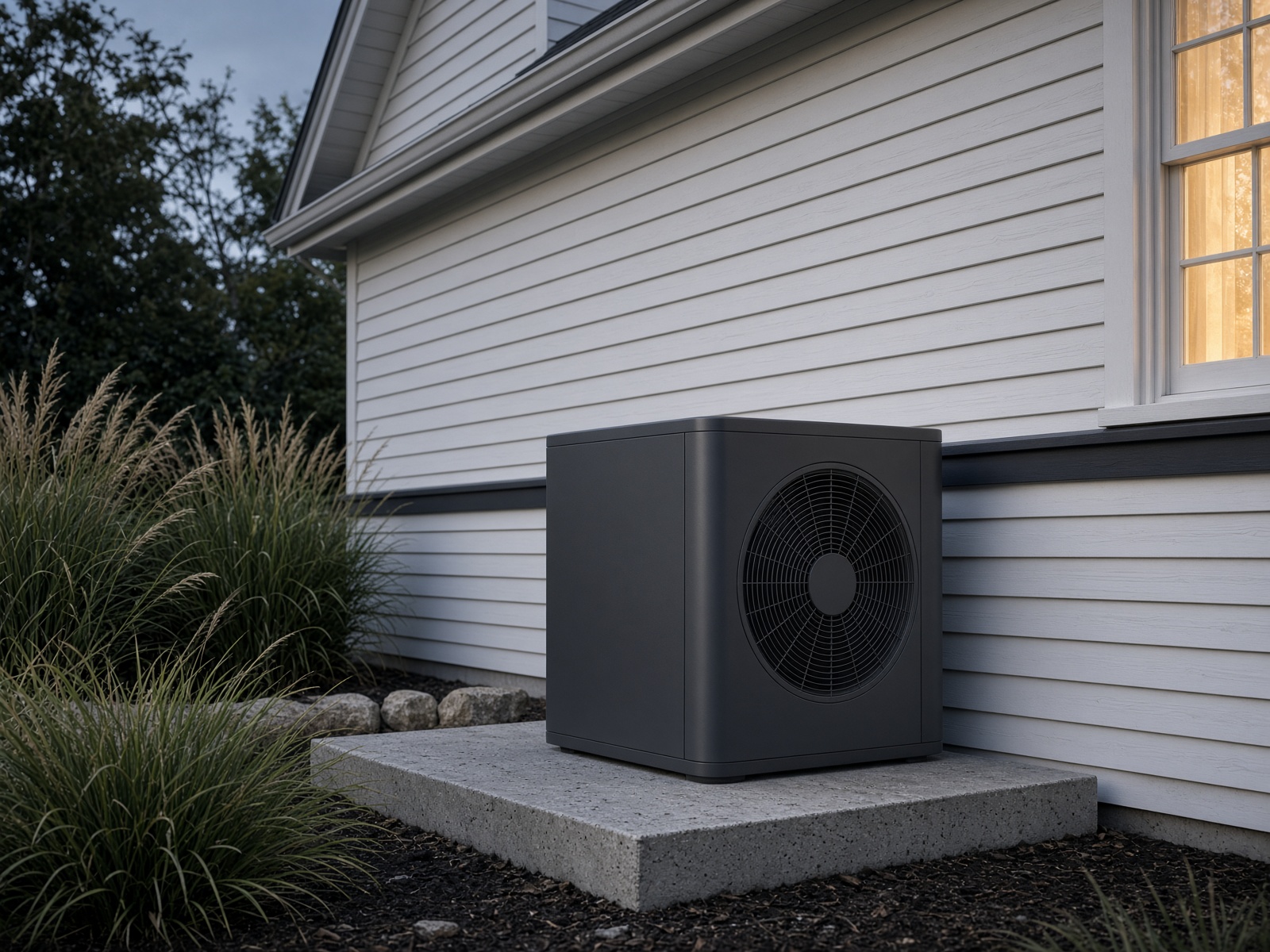 Air-source heat pump beside a clapboard home