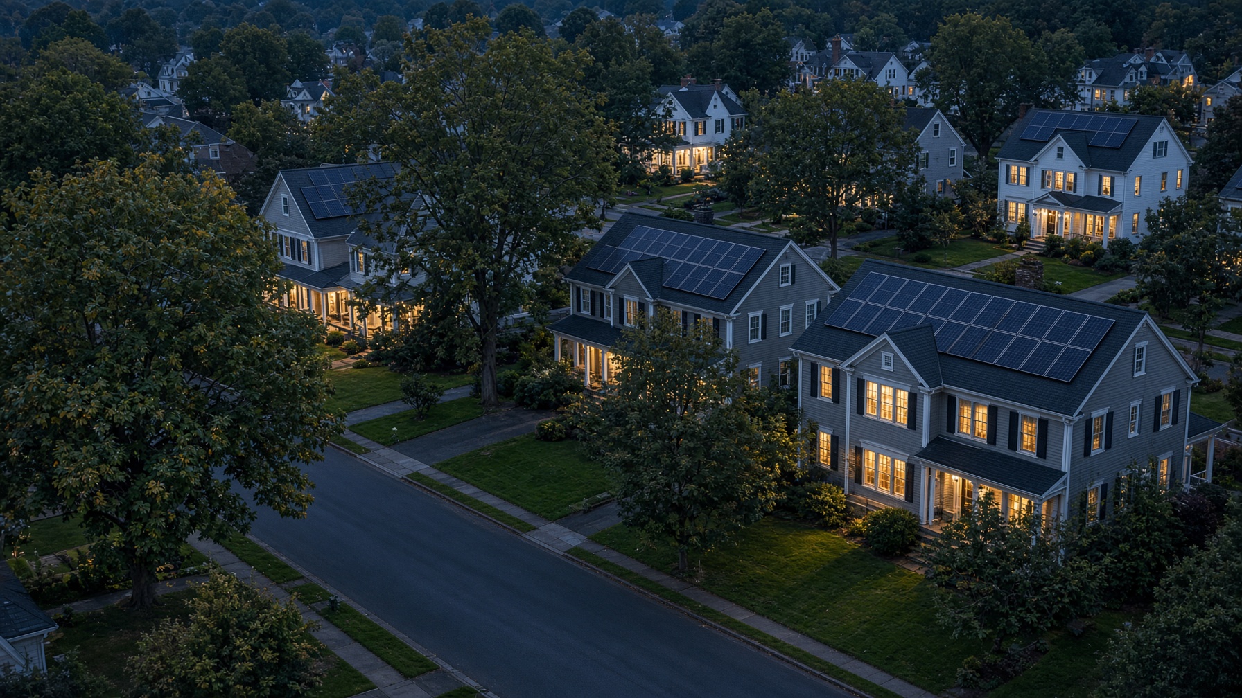 Connecticut street at dusk with solar arrays on colonial rooftops